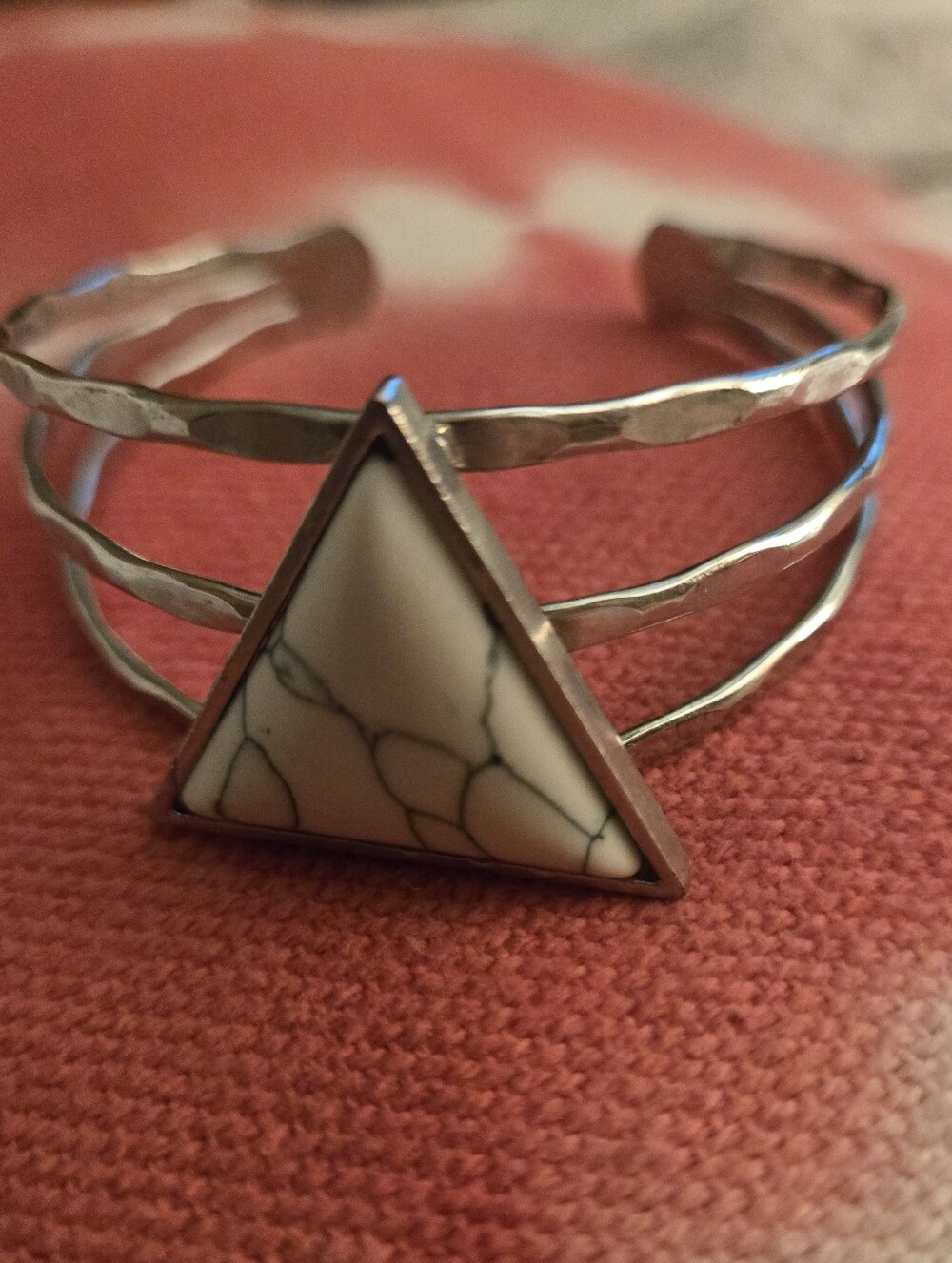 White Howlite Triangle Stone Silver Cuff Bracelet